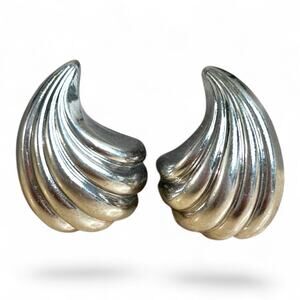 Vintage Monet Mid 1950s Clip On Earrings Silver Tone Curved Ribbed Wave Wing
